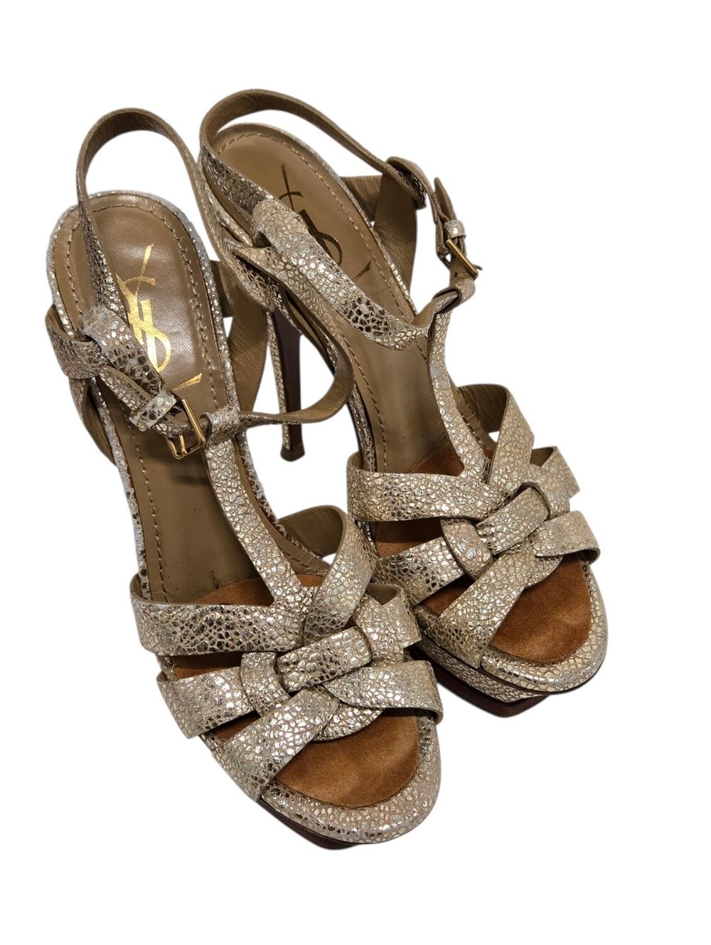 Yves Saint Laurent Tribute Platform Sandals Metallic Gold Crackled  Sz 38.5.‎